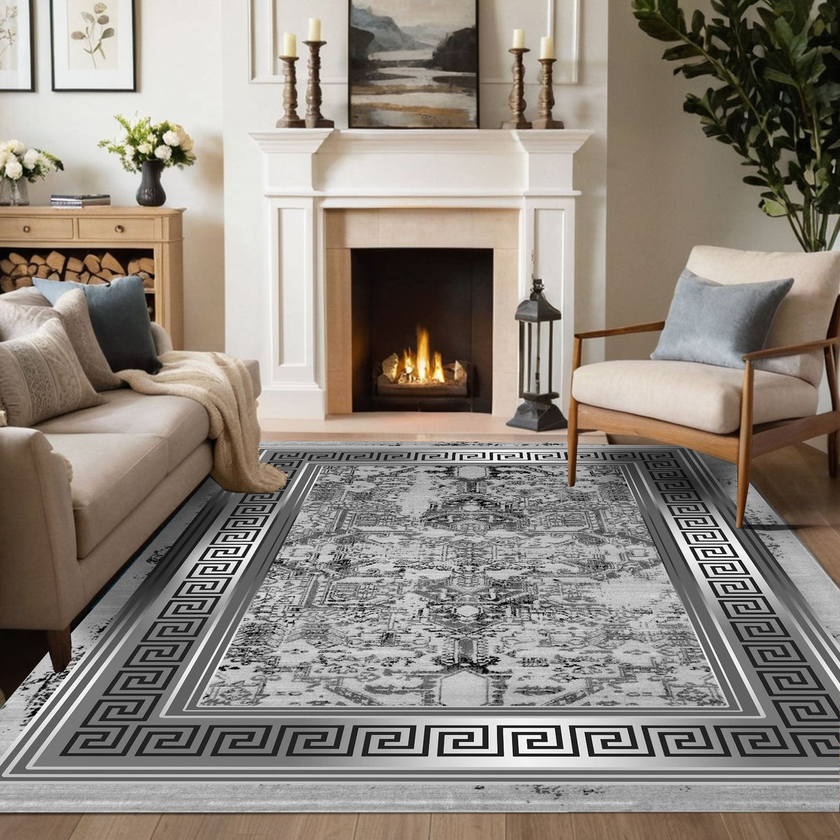 Cityscape Rug with Silver Greek Border