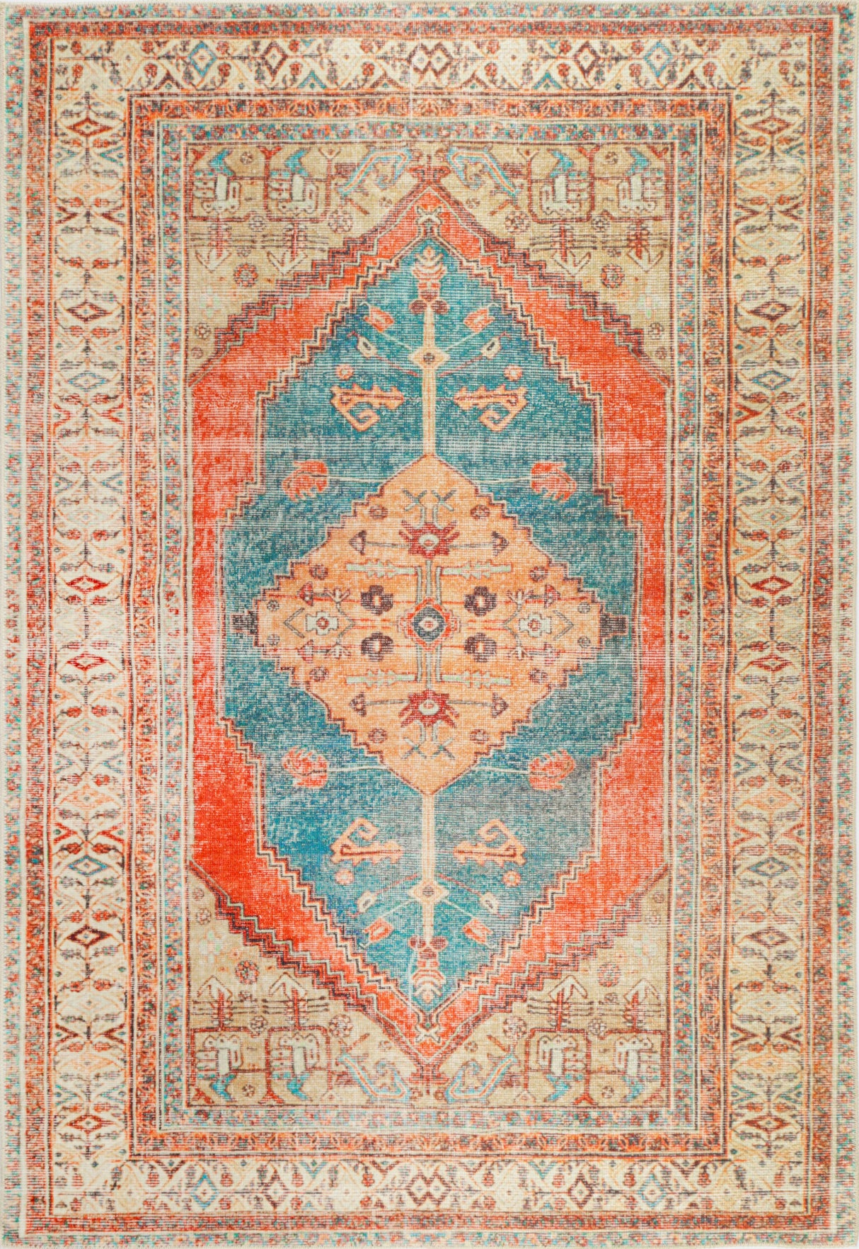 Distressed Louvre Rustic Blue Washable Rug - VITAL 3181-00