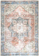 Decorative rug with intricate pattern in shades of pink, blue, and beige