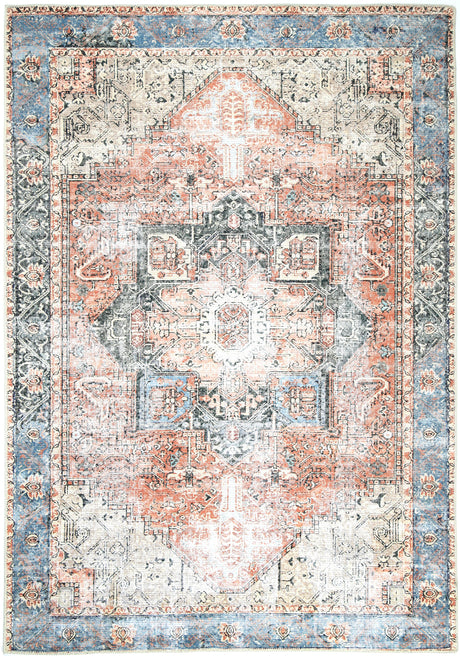 Decorative rug with intricate pattern in shades of pink, blue, and beige
