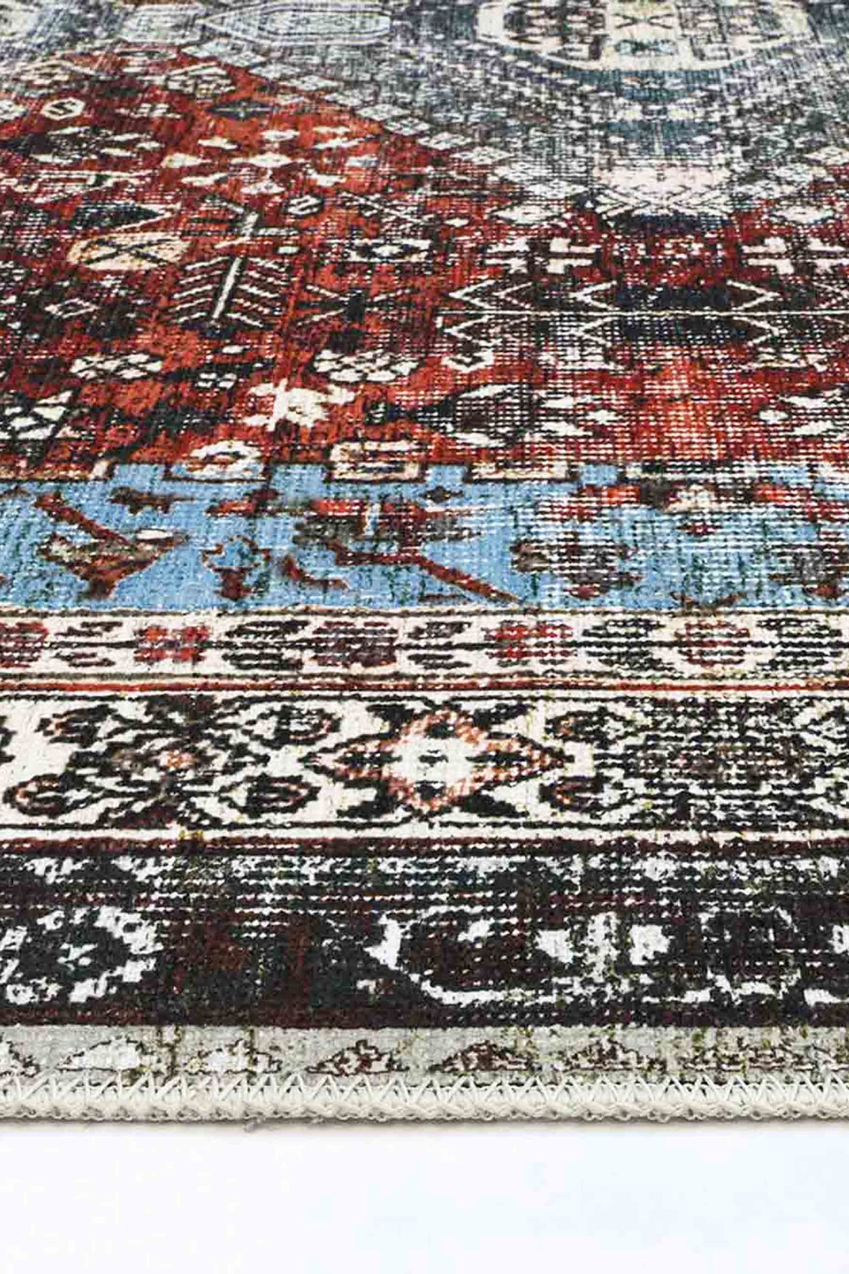 Loane Distressed Vintage Ruby & Sky Blue Rug - VITAL 2923-00 (with fringe)